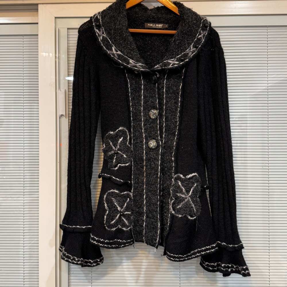 Forla Paris Mohair Wool Knit Cardigan Black Floral Peplum Lightning Bolt Wmns‎ L